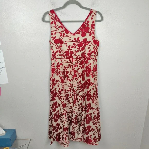Jacques Vert Dress Womens 8 Red Cream Devore Floral Midi Dress Sleeveless V-Neck - Picture 5 of 9